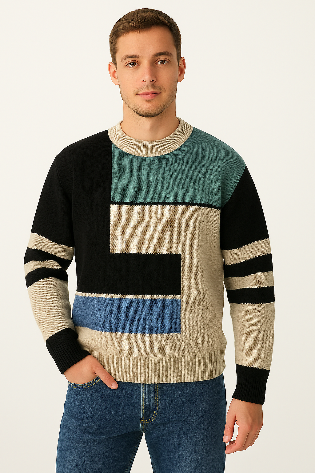 Man wearing a color-block thickened knitting bottoming sweater with black, beige, teal, and blue sections and ribbed cuffs paired with blue jeans