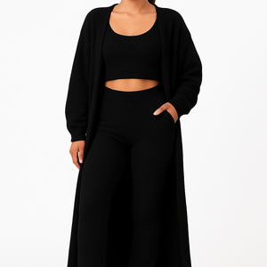 3-piece black pajama lounge set with tank top, full-length pants, and matching cardigan.