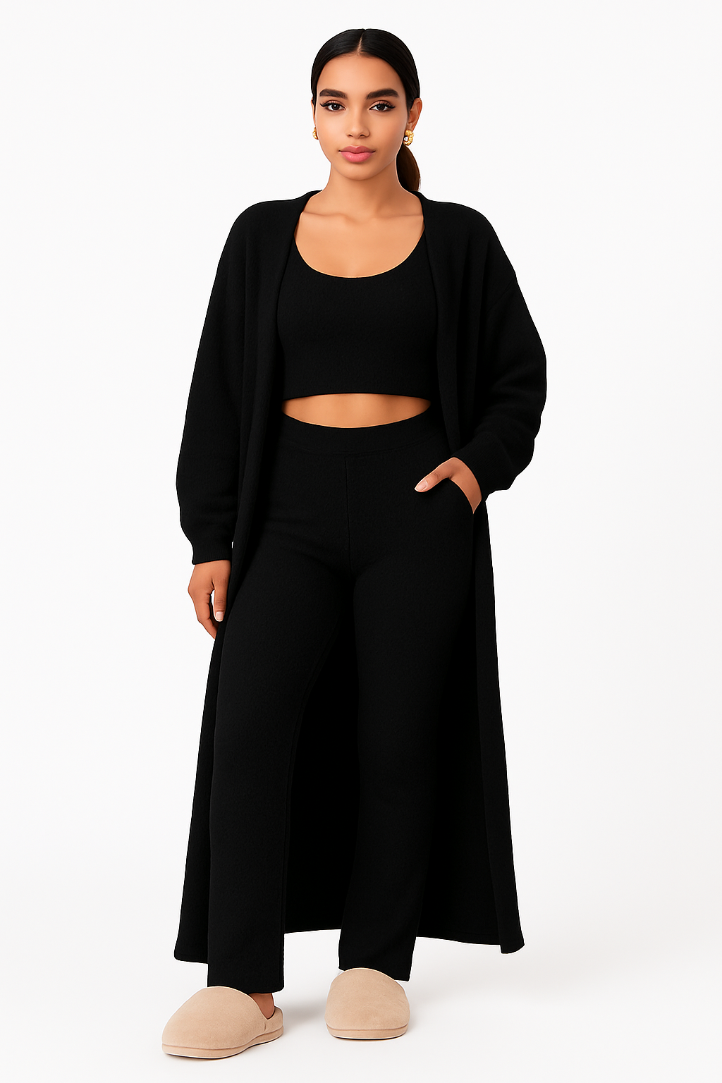 3-piece black pajama lounge set with tank top, full-length pants, and matching cardigan.