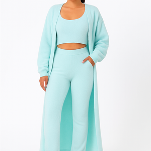 3-piece cozy pajama lounge set with tank top, lounge pants, and cardigan