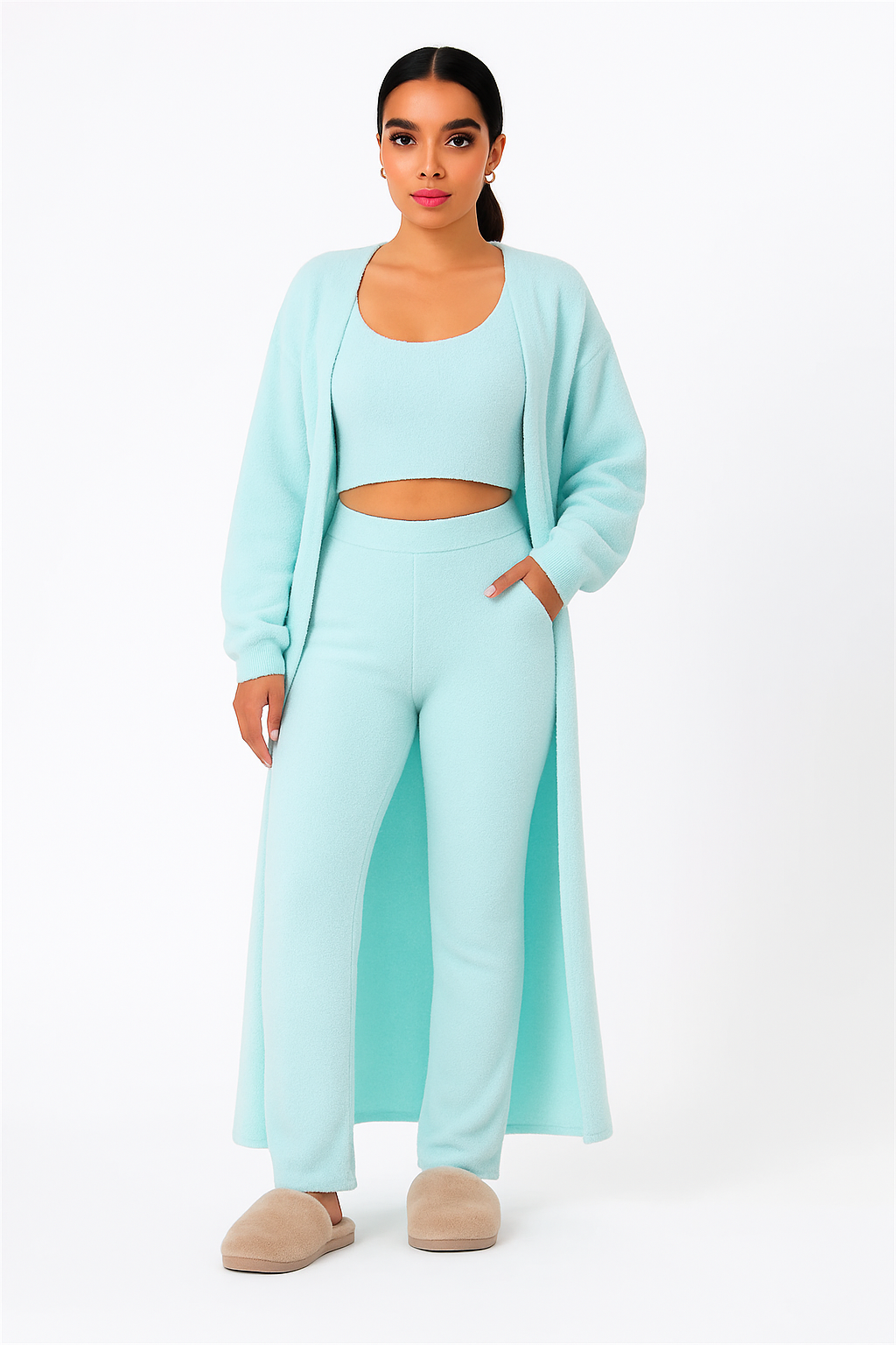 3-piece cozy pajama lounge set with tank top, lounge pants, and cardigan