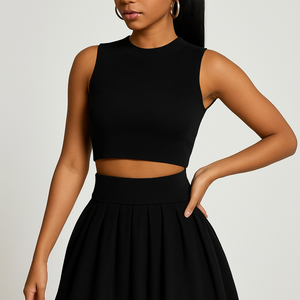 Casual solid color round neck women's vest and short skirt