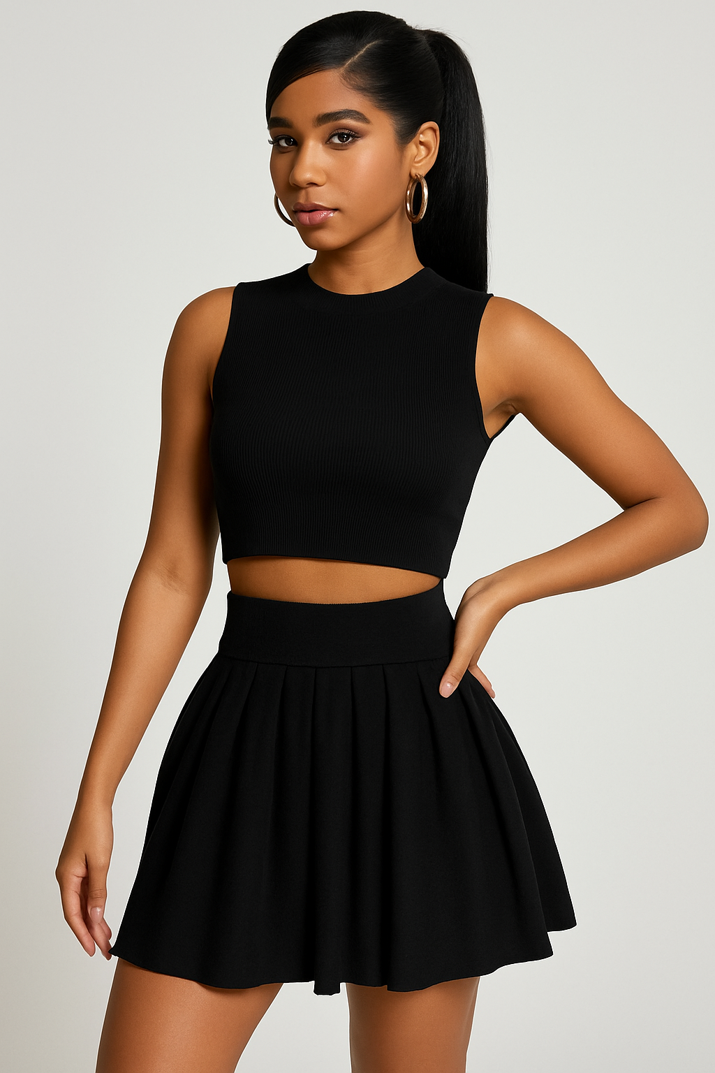 Casual solid color round neck women's vest and short skirt