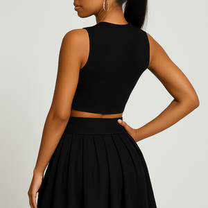 Casual solid color women's vest and short skirt set with round