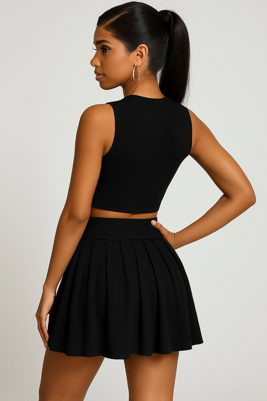 Casual solid color women's vest and short skirt set with round