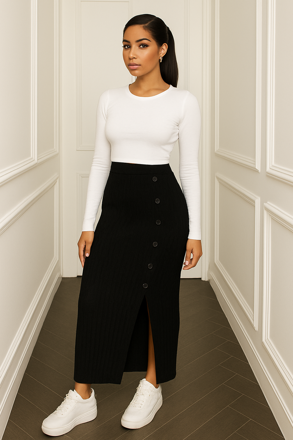 Woman wearing black ChicCurve zip-slit ribbed knit skirt with side button fasteners paired with white long-sleeve top and white sneakers in a minimalist hallway.
