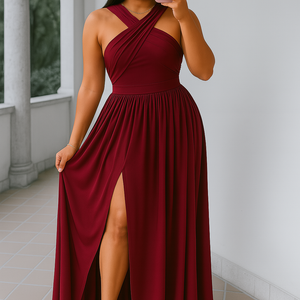 SunGlow lightweight sleeveless dress with elegant halter neckline and flowing design perfect for summer.