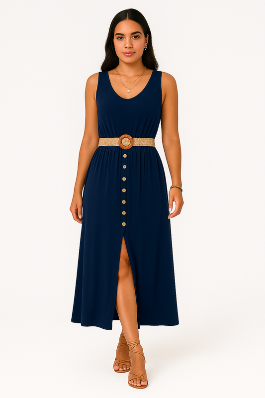 Woman wearing navy blue summer round-neck sleeveless split dress with button design and waist belt.