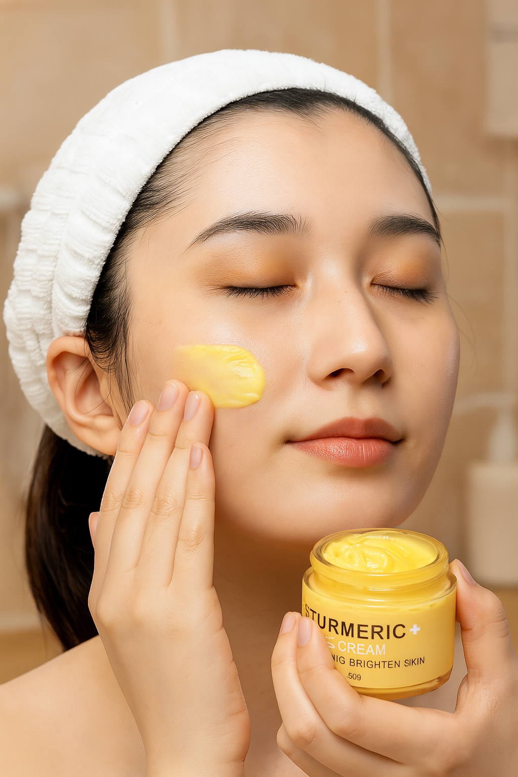 Woman applying turmeric facial cream from skincare set for hydration and glow enhancement.