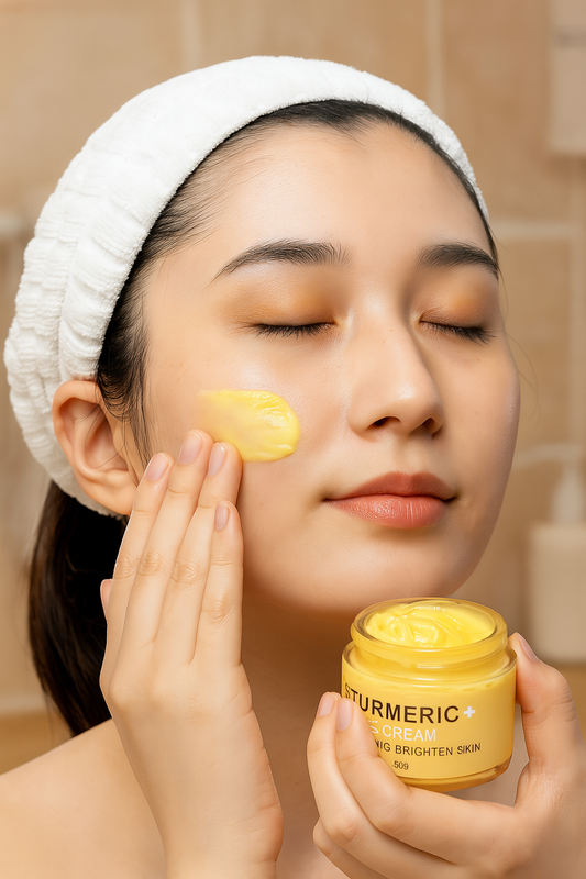 Woman applying turmeric facial cream from skincare set for hydration and glow enhancement.