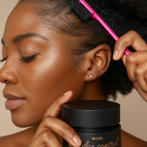 woman applying edge control wax with pink brush, showcasing smooth, styled edges