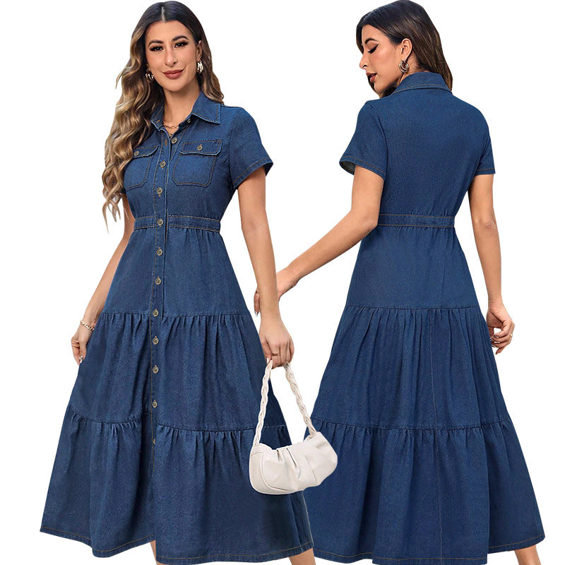 Denim Lapel Short Sleeve Waist-Controlled Cardigan Long Dress