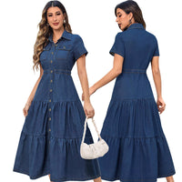 Denim Lapel Short Sleeve Waist-controlled Cardigan Long Dress