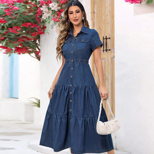 Denim Lapel Short Sleeve Waist-Controlled Cardigan Long Dress