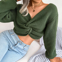 Solid Color Long Sleeve Knotted Sexy Knitwear Sweater For Women