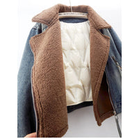 Lamb Wool Stitching Lightweight Down Liner Fleece-lined Denim Coat Women's Short Top Jacket