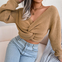 Solid Color Long Sleeve Knotted Sexy Knitwear Sweater For Women