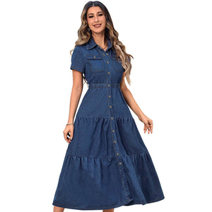 Denim Lapel Short Sleeve Waist-Controlled Cardigan Long Dress