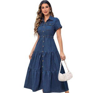 Denim Lapel Short Sleeve Waist-Controlled Cardigan Long Dress