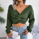 Solid Color Long Sleeve Knotted Sexy Knitwear Sweater For Women