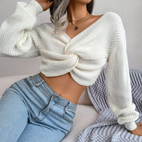 Solid Color Long Sleeve Knotted Sexy Knitwear Sweater For Women