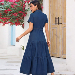 Denim Lapel Short Sleeve Waist-Controlled Cardigan Long Dress