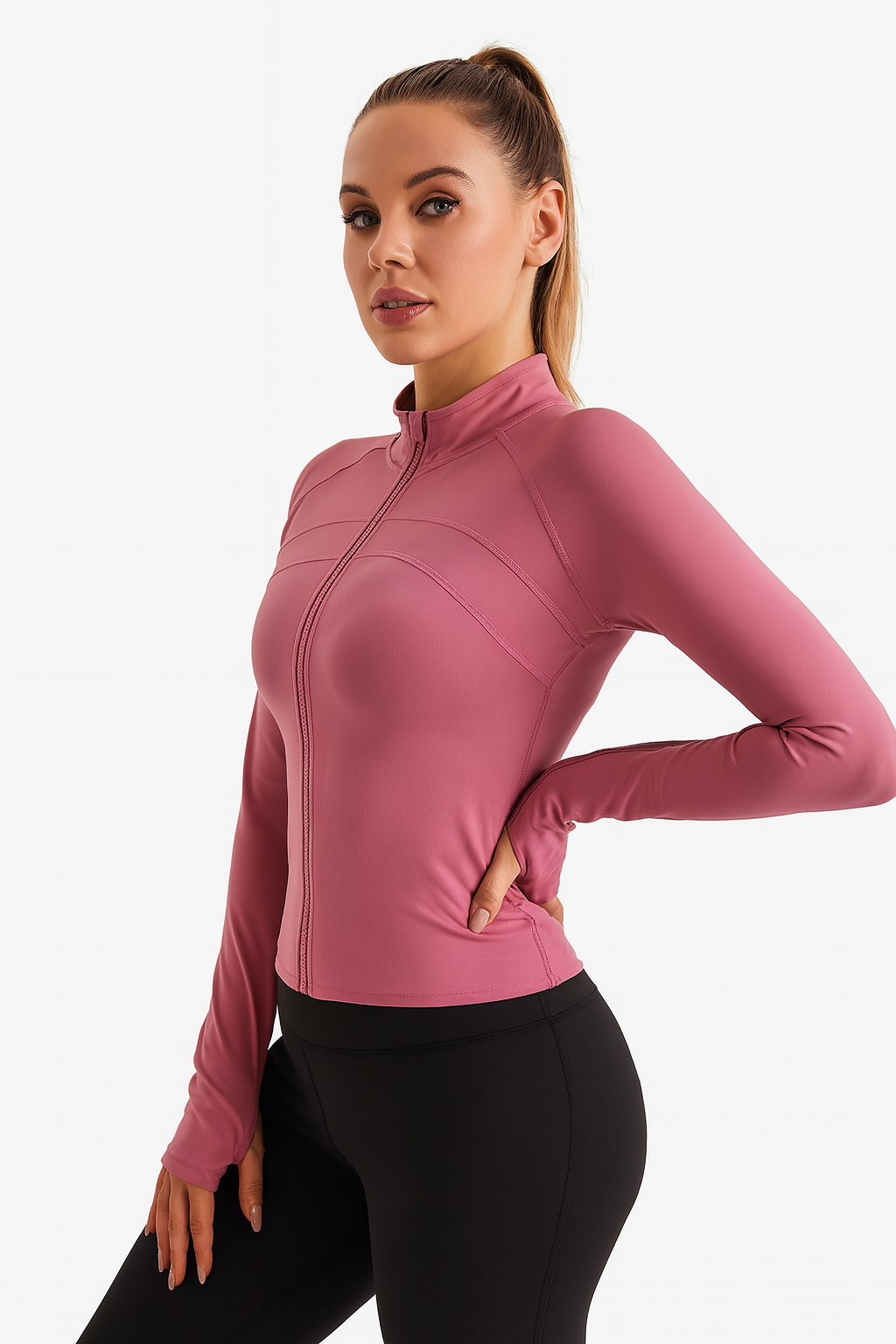 Woman wearing a fitted pink Double Chest Line Sports Jacket with a front zipper and black leggings.