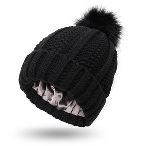 Winter Knitted Hats Fashion Stretchy Lined Skull Hats For Women Faux Fur Pom Pom Hat Keep Warming Beanie Hat