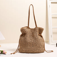 Large Capacity Straw Bag Drawstring Hand-carrying Knitting Shoulder Bag