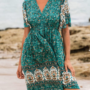 Bohemian Rayon Positioning Flower Green Dress