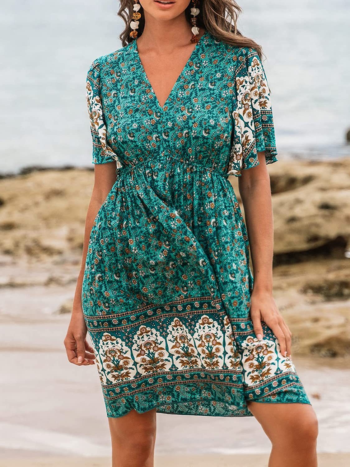 Bohemian Rayon Positioning Flower Green Dress