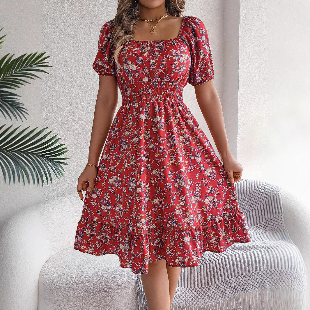Floral Square Collar Ruffles Dress