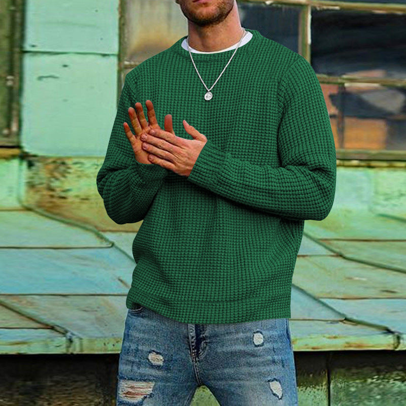Men's Solid Color Waffle Round Neck Base Sweater
