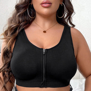 Black front zipper sports bra with high strength and beauty back design, breathable nylon fabric, seamless and shockproof.